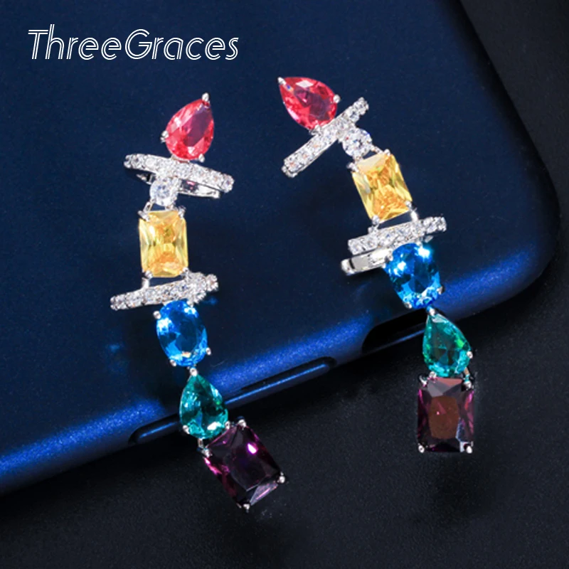 

ThreeGraces Unique Multicolor Cubic Zircoina Crystal Cuff Long Clip Stud Earrings for Women Christmas Party Jewelry Gift E0319