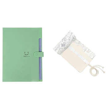 

48 Holes Big Pencil Case School Canvas Roll Pouch Pencil Box & Plastic Expanding File Folders 5-Pocket A4 Letter Size