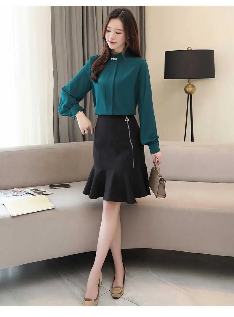 Рубашки для женщин размера плюс Блузка офисная Дамская однотонная шифоновая женская блузка с длинным рукавом Женские топы и блузки 7039 50