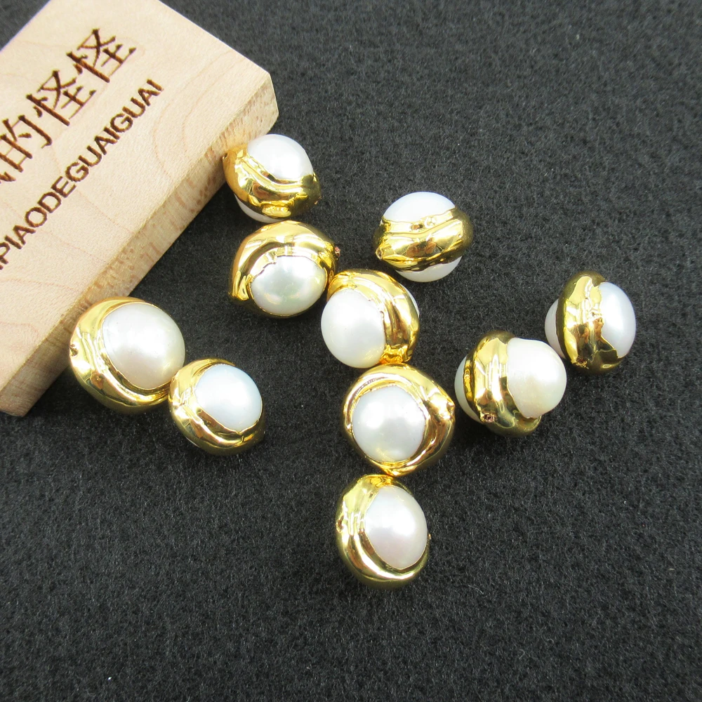 APDGG Wholesale 10 pcs Gold Plated Natural White Pearl Beads Gemstone Charm Boho Jewelry DIY Making