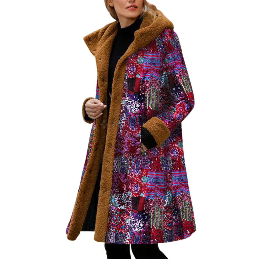 Женская верхняя одежда, пальто, винтажный принт, флис, с капюшоном, длинный рукав, зима, кнопка размера плюс, женская мода, Осень-зима, пальто M840