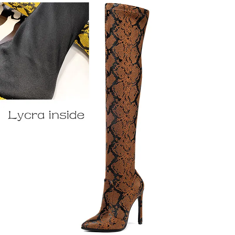 Lycra inside Brown Lasyarrow/высокие сапоги до бедра; пикантные Женские Сапоги выше колена; высокие сапоги из змеиной кожи с острым носком на тонком высоком каблуке; Femme J1127 - Цвет: Lycra inside Brown