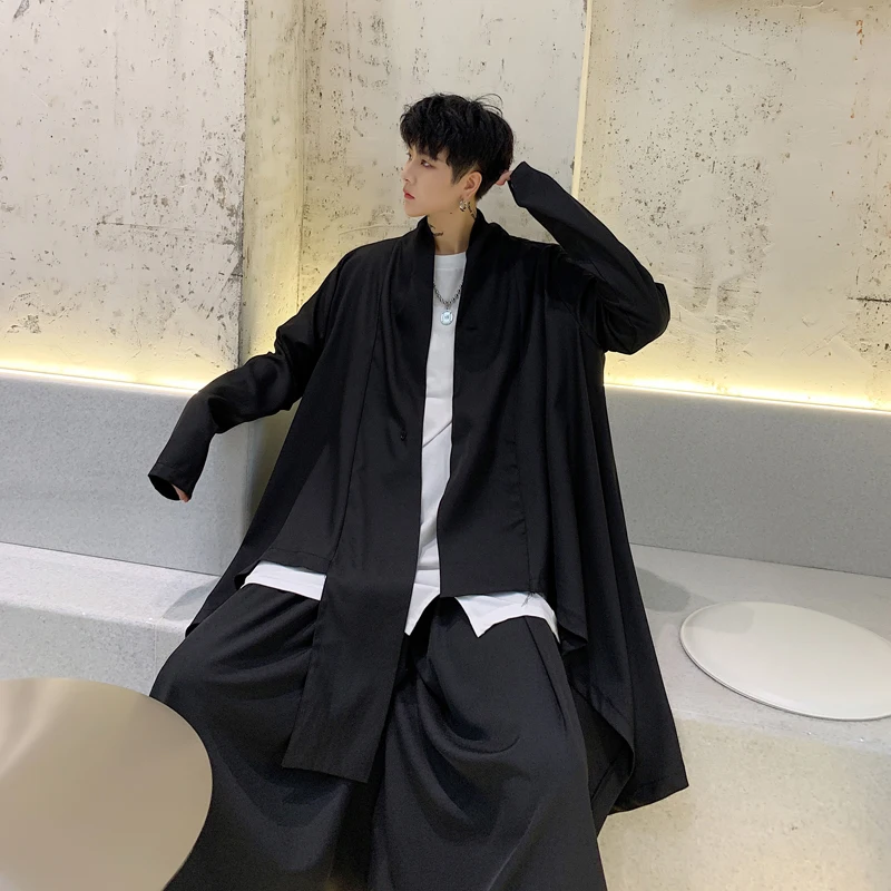 Men Japan Style Streetwear Gothic Irregular Windbreaker Jacket Kimono Cardigan Male Black Trench Coat Outerwear Stage Clothes