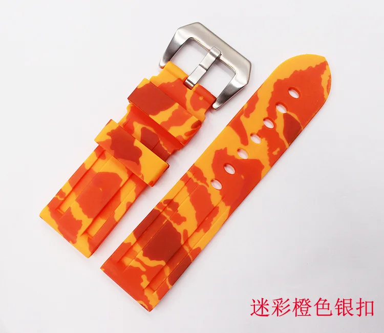 orange silver buckle 24 мм Высокое качество Камуфляжный цвет водонепроницаемый силиконовый резиновый сменный ремешок для часов Ремешок петли для Panerai Luminor спортивный ремешок - Цвет ремешка: orange silver buckle