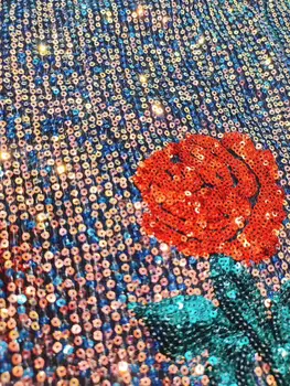 

French net lace fabric African gradient sequins lace mul ti color embroidery tulle lace fabric with rose flower party dress