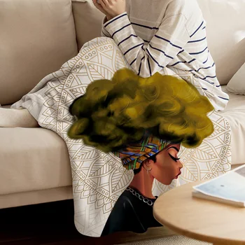 

African Woman Female Mandala Yellow Hair Throw Blanket Warm Microfiber Blanket Cartoon Blankets For Beds Home Decor