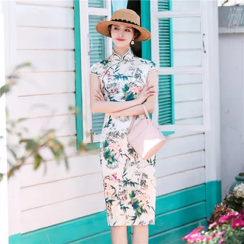 

Printed Flower Elegant Women Evening Party Dress Vestidso Short Sleeve Vintage Cheongsam Mandarin Collar Sexy Satin Qipao