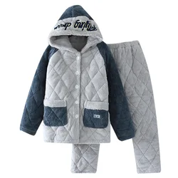 Men Autumn Winter New Coral Velvet Three-layer Cotton Pajama Set Flannel Thick Hooded Home Clothes Sleepwear Loose Casual Suit