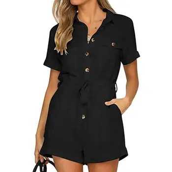 

2019 Casual Short Sleeve Button Down Jumpsuit Women's Cuffed Playsuit Jumpsuit