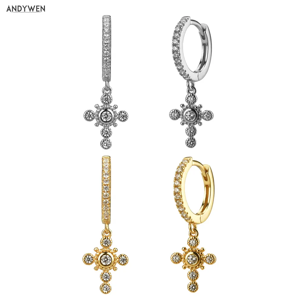ANDYWEN 925 Sterling Silver Gold Crystal Zircon CZ Circle Drop Earring Cross Pendiente Piercing No Clips Women Luxury Jewelry
