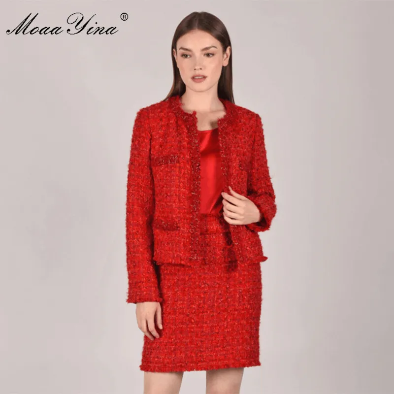 MoaaYina Fashion Designer Set Spring Autumn Women Long sleeve jacket Tops+Bowknot Short skirt Two-piece suit