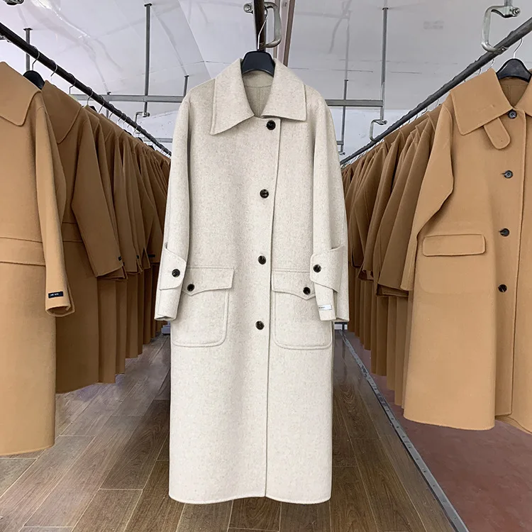 Winter Fashion Korean Temperament Double-sided Long Lacing Belt Wool Coat Women Plus Size Loose Black Woolen Jacket