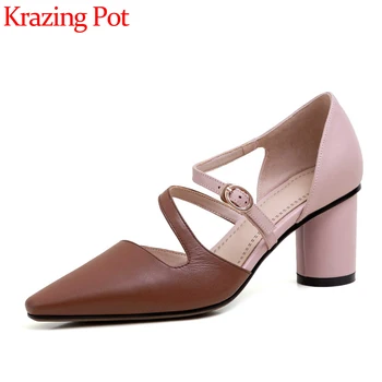 

Krazing Pot new mixed colors natural leather small square toe round high heels handmade buckle strap daily wear summer pumps L02