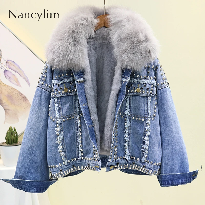 

2019 Winter New Real Fox Fur Collar Rivets Thickened Cotton Coat Womens Real Rabbit Hair Liner Short Denim Jacket Girls Student