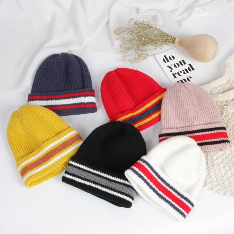 

6Lovely Wool Baby Girl Hat 1-10T New Autumn Winter Casual Fashion Newborn Baby Striped Knitted Hat Kid Toddler Cute Cap