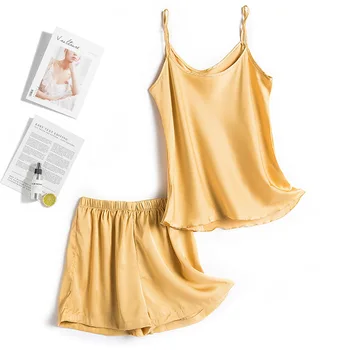 

Pajamas Suit Satin Sleepwear 2PCS Strap Top&Shorts Women Intimate Lingerie Silky Homewear Casual Pyjamas Sexy Bathrobe Nightwear