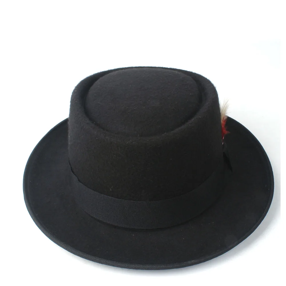 Новая мужская и женская шляпа-пирожок с пером Панама джазовая, шляпа наружная церковная Повседневная плоская фетровая шляпа в стиле джаз шляпа размер 58 см