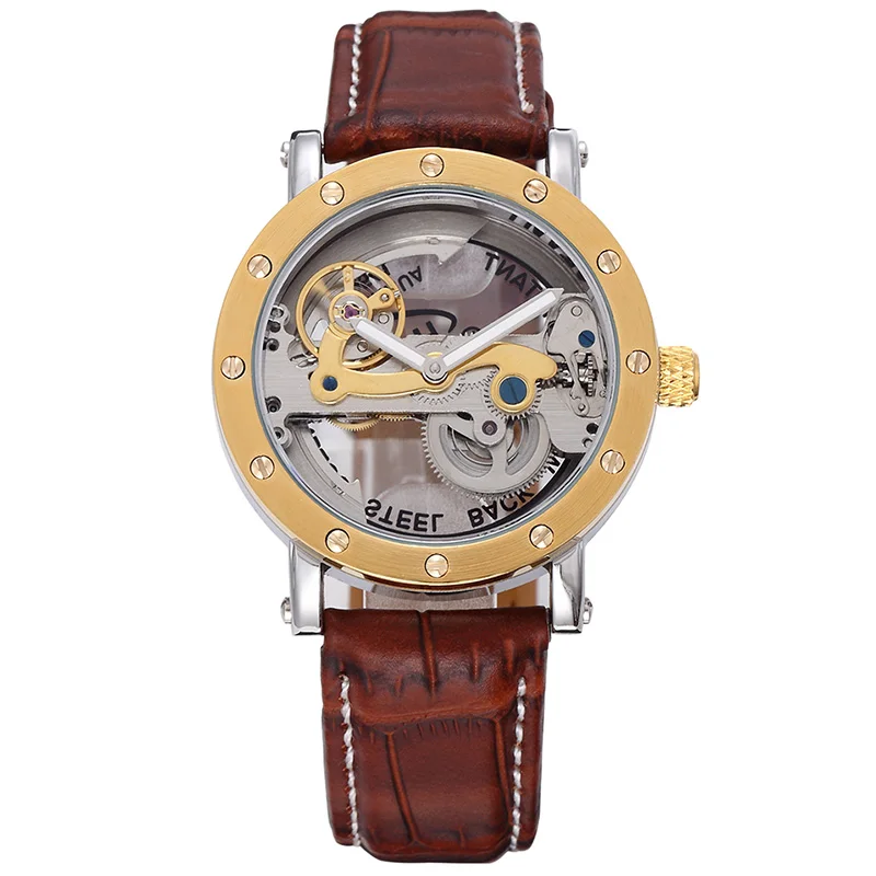 

Skeleton Watch Men's Bridge Analog Display Mechanical Watch Automatic Self Wind Male Clock Leather Strap Relogio Masculino 2019