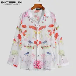2021 homens blusa de impressão floral festa nightclub mangas compridas micro transparente moda botão solto camisa S 5XL incerun