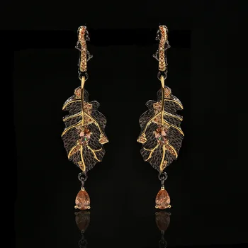 

2020 Bohemia 925 Sterling Silver Natural Dangle Earrings for Women Black Gold Elegant Leaves Earrings Wedding Fine Jewelry