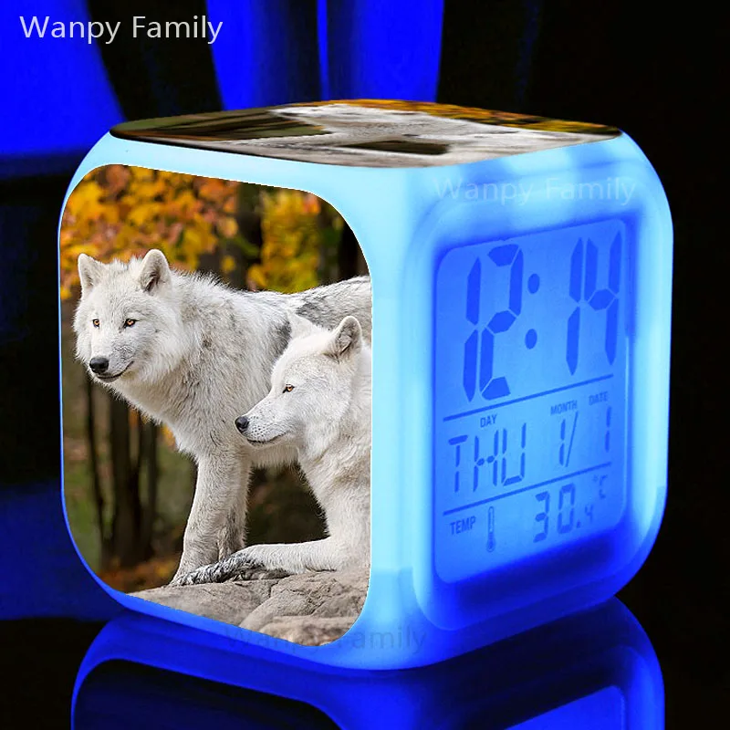 [Wanpy family] Будильник Arctic Wolf для детской комнаты, прикроватной тумбочки для спальни, настольные часы, меняющие цвет, цифровой будильник