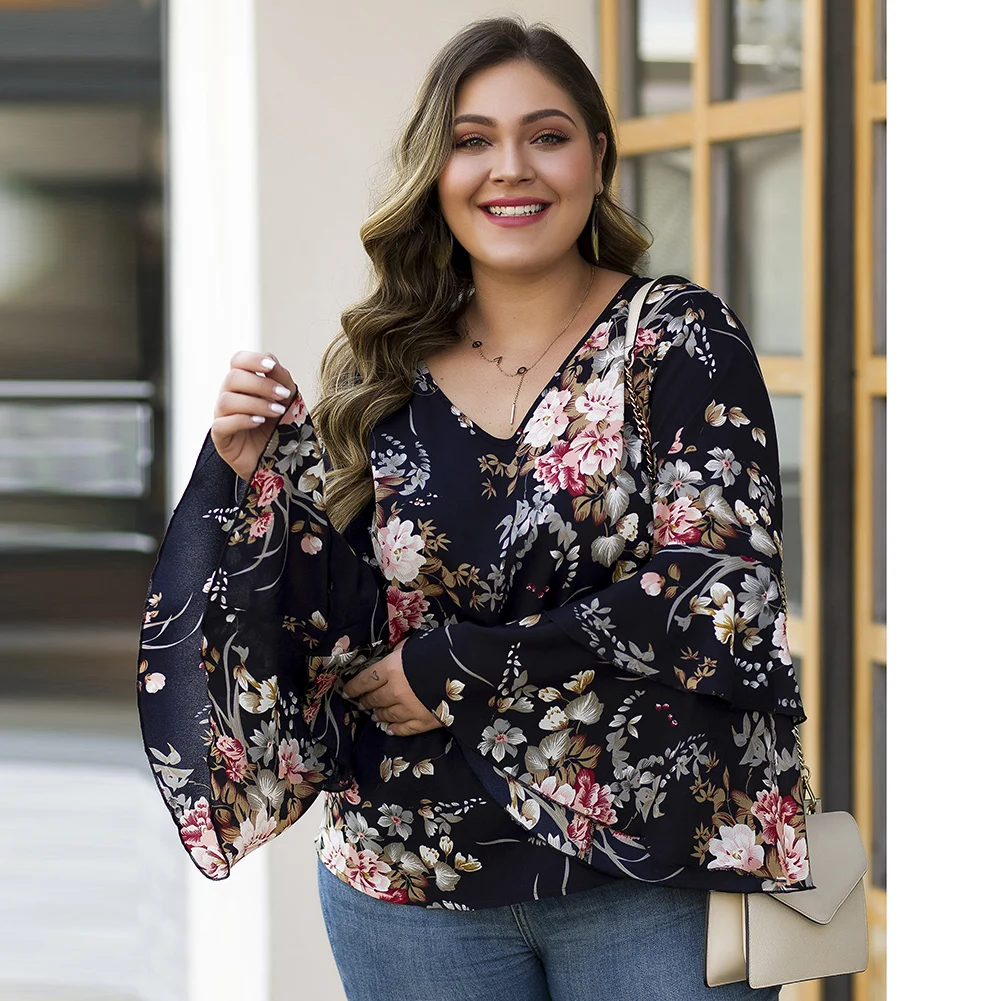 FADZECO блузки размера плюс для женщин цветочные печатные V образным вырезом с