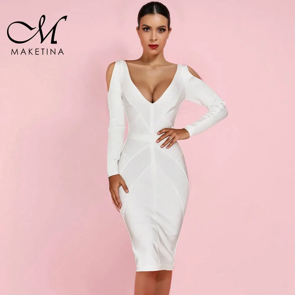 Maketina новое летнее женское Бандажное платье Vestidos белое с v-образным вырезом Бандажное платье с длинным рукавом модное Бандажное платье