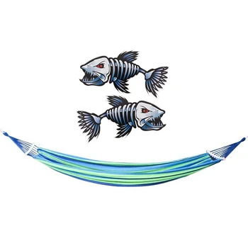 

185X100cm Hammock Rainbow Striped Outdoor Leisure Bed Blue with Scary Fish Skeleton Kayak Sticker