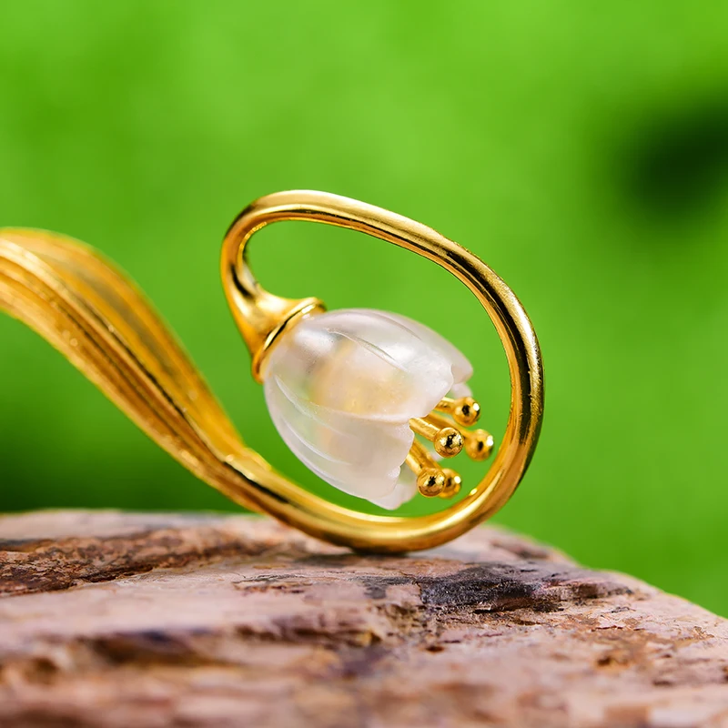 Lotus Fun Real 925 Sterling Silver Handmade Fine Jewelry Natural Crystal Gold Lily of the Valley Flower Drop Earrings for Women - Image 3