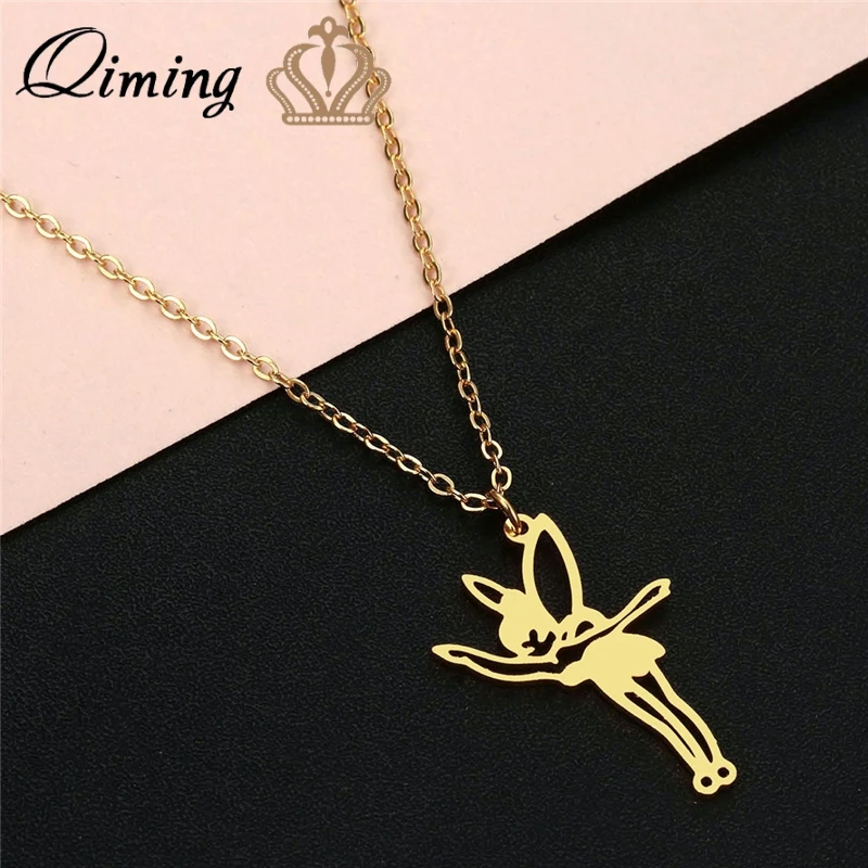 QIMING Figure Flower Fairy Pendant Necklace For Women Girls Baby Elfin Charms Birthday Party Gift Gold Necklaces Collier | Украшения и