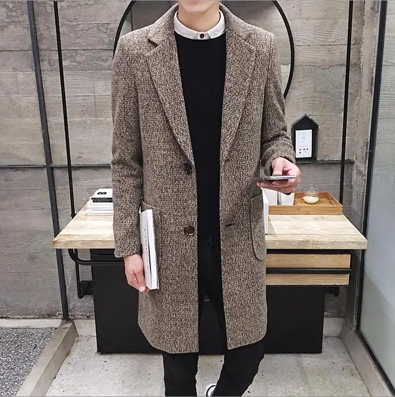 Autumn And Winter Men's Slim Woolen Coat Korean Long Section Fashion Woolen Coat - Цвет: Brown