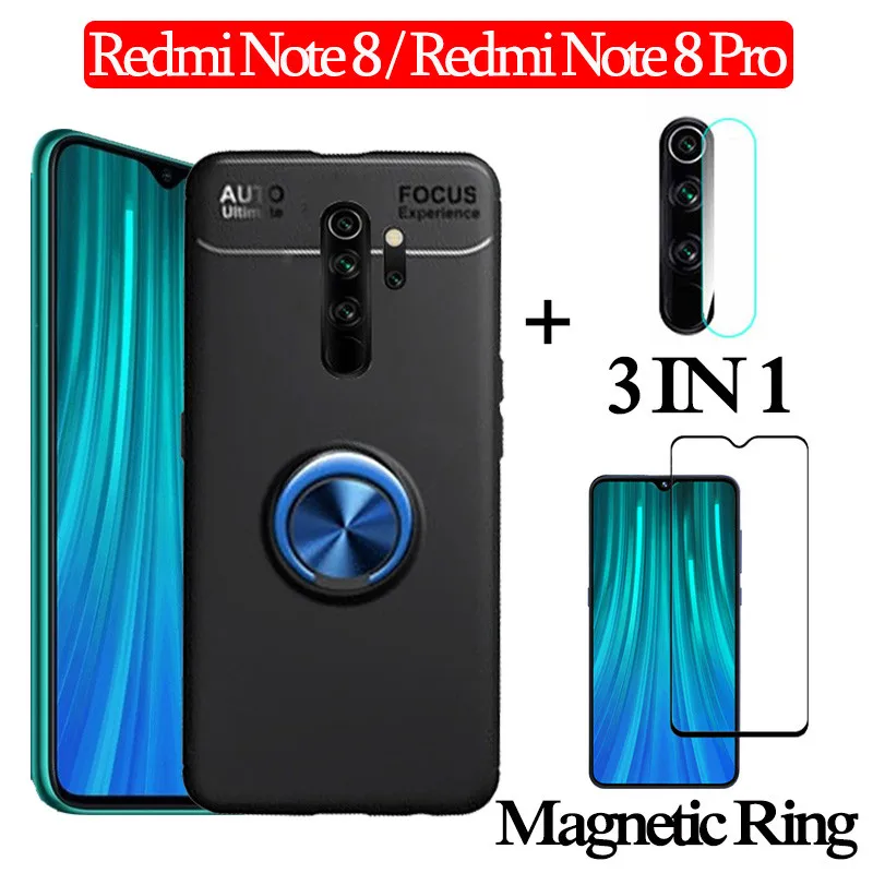 3-в-1 стекло+ магнитом Силиконовое чехол редми нот 8 чехол на Xiaomi Redmi-Note-8-Pro мягкий чехол на телефона redmi note8 pro чехол полное покрытие чехол на редми ноут 8 про чехол redmi note 8 магнитная кольцом чехол - Цвет: 3-in-1 BlackBlueCase