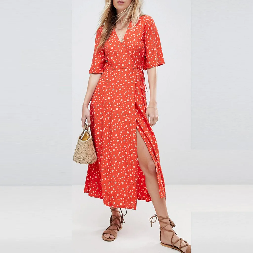 Элегантное платье в горошек, boho, женское летнее платье миди, сексуальное, v-образный вырез, на бретелях, на пуговицах, ТРАПЕЦИЕВИДНОЕ ПЛАТЬЕ, женское пляжное платье с принтом, vestidos robe