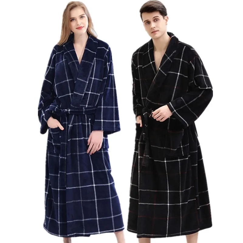 

Winter Thick Plaid Warm Female Coral Fleece Hombre Kimono femme Robe Lovers Couple Nightgown Bath Gown Sleepwear Men Nightwear