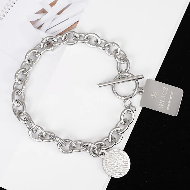 Браслеты и браслеты браслет Pulseira Feminina нержавеющая сталь с мужской женский панк хип-хоп ювелирные изделия ветер монета письмо кулон - Окраска металла: see chart