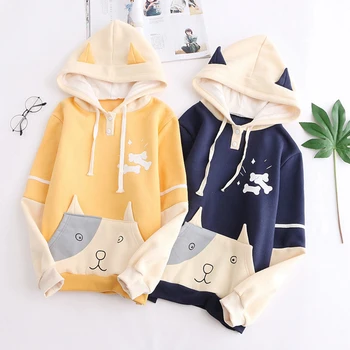 

Mori Girl Spring Winter Sweet Cartoon Big Pocket Embroidery Hooded Hoodie Women Wool Fleece Female Kawaii Hoodie Z160