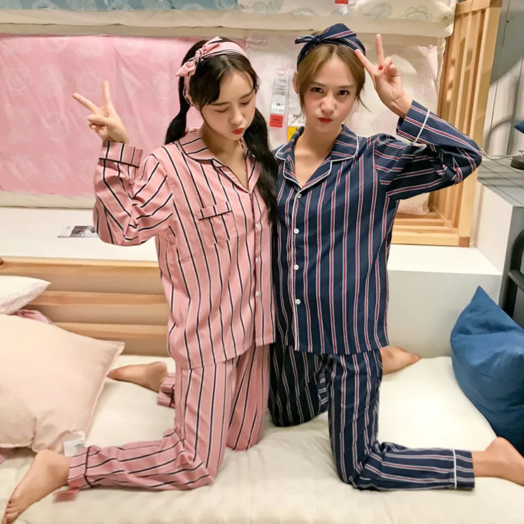 

2019 Spring New Style Long Sleeve Trousers Cute Stripes Hipster Pajamas Three-piece Set Send Hair Bands Tracksuit Women's
