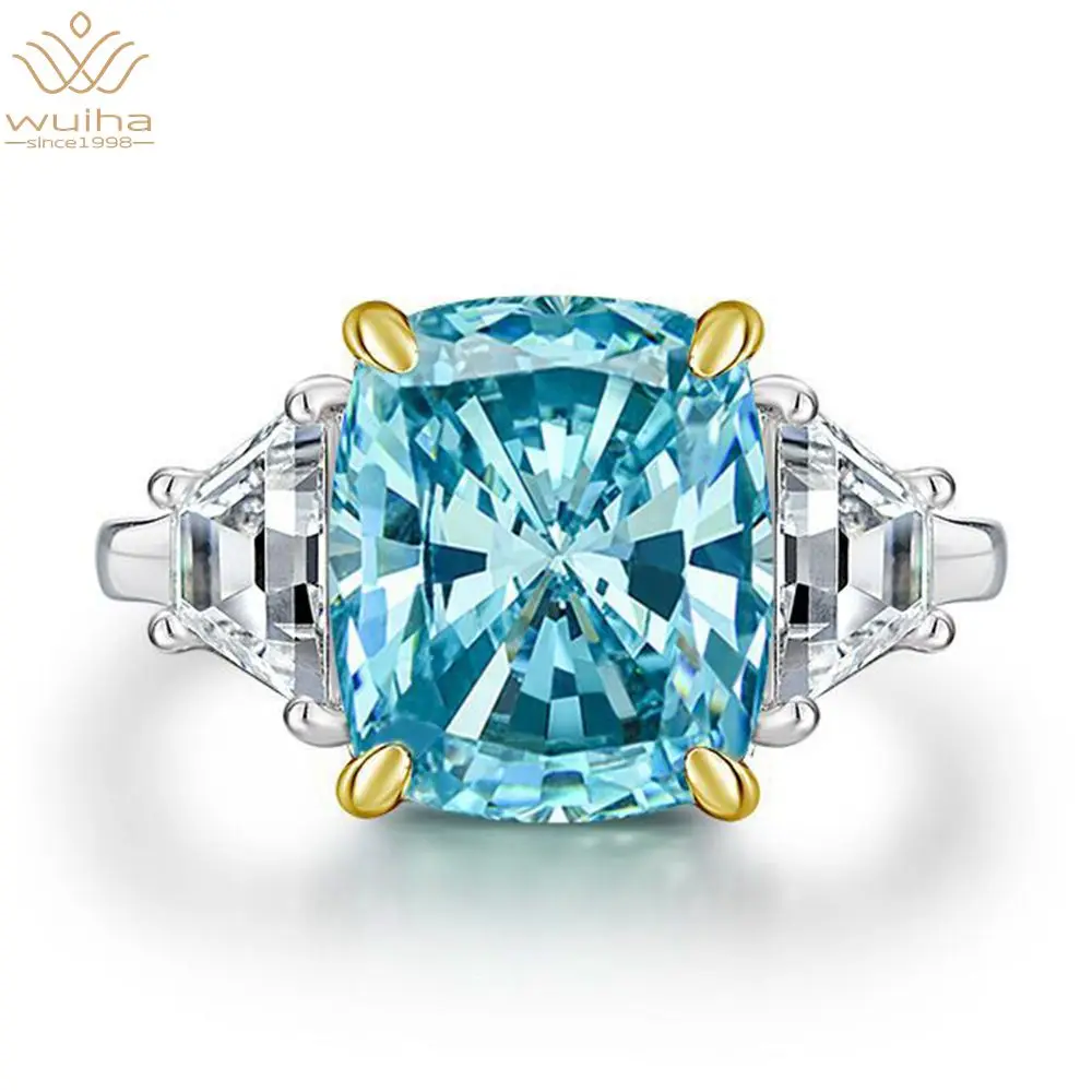 WUIHA Classic 100% 925 Sterling Silver Cushion Cut Aquamarine Created Moissanite Gemstone Wedding Cocktail Ring New Fine Jewelry | Украшения