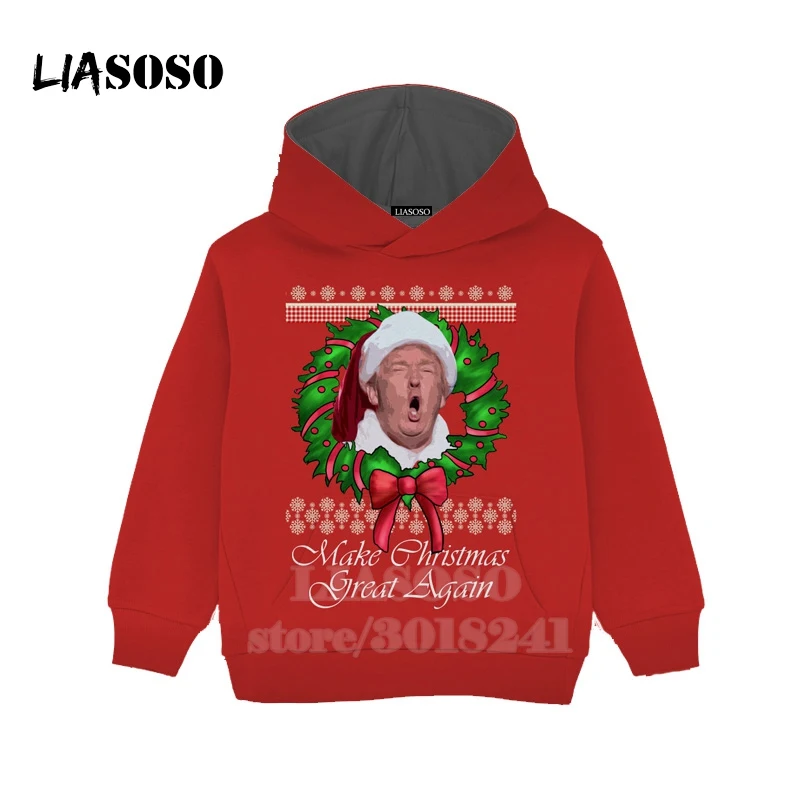 LIASOSO/забавная Толстовка для детей с Дональдом Трампом Рождественский костюм с 3D-принтом футболка для подростков детский топ, пуловер с круглым вырезом для мальчиков и девочек B171-13 с капюшоном для малышей