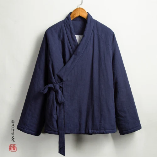 Navy Зимняя кимоно куртка Hanfu мужская верхняя одежда в китайском стиле ветровка Hanfu халаты толстое теплое пальто винтажная куртка с хлопковой подкладкой - Цвет: Navy