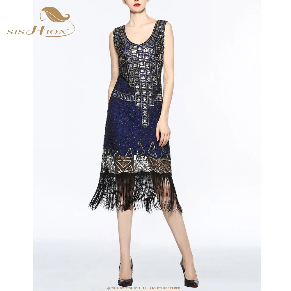SISHION, винтажное платье с блестками 1920 s, VD1291, черные, синие, красные, элегантные женские вечерние платья,, Новогодние женские Платья Миди
