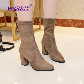 

Women Boots British Style Flock Velvet Stretch Boots Casual Fashion Internal Short Plush European and American All Match Boots