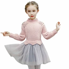 Rlyaeiz/детская одежда; коллекция года; сезон осень-зима; милое вязаное платье для девочек; модное вязаное Сетчатое лоскутное платье принцессы; свитер для девочек