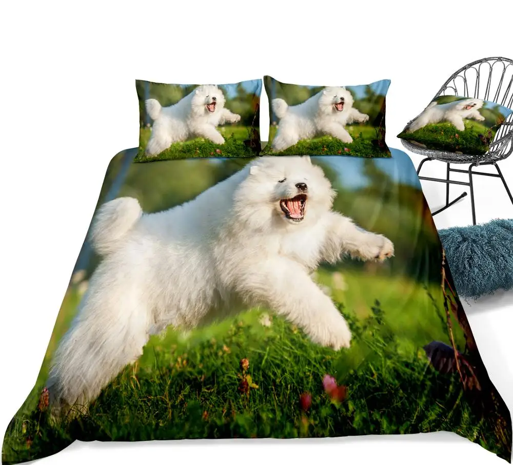 3D Samoyed Dog Duvet Cover Set Jumping Samoyed on Grassland Bedding White Pet Dog Quilt Cover Queen 3pcs Animal King Dropship