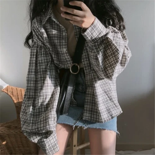 plaid Woherb осень модная клетчатая блузка женская Винтажная с рукавом-фонариком свободные корейский топ рубашка женская решетка Blusas Mujer De Moda - Цвет: plaid