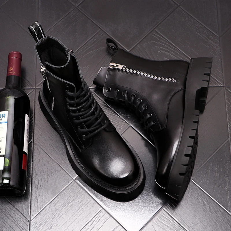 mens fashion stage nightclub dress platform boots black white shoes original leather boot handsome cowboy botas mans