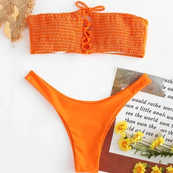 

Women's Swimsuit Women Wrapped Chest Solid biquini Set Padded Bandeau Sexy Swimsuit Swimwear Suit kупальник 2020 mujer #F