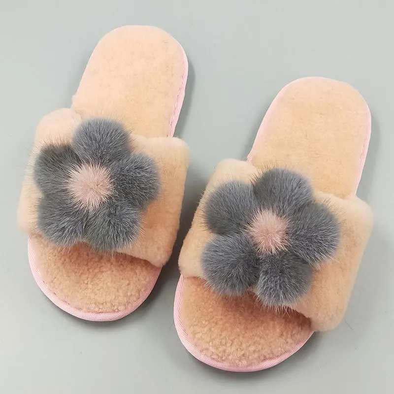 

New Style Autumn And Winter Women's Sheep Shearing Fur Home Cotton-padded Shoes Anti-slip Thick Warm Soft-Sole Mink Flower Slipp