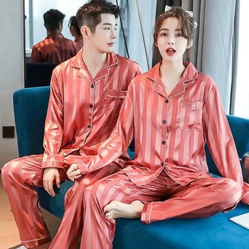 

Nightwear Autumn Korean Silk Striped Solid Sexy Couple Pajamas-sets Long-sleeve Cardigan V-neck Casual Home Wear Sleepwear Women