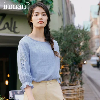 

INMAN 2020 Spring New Arrival Literary Embroidered Pure Cotton Round Collar Petals Sleeve Temperament Leisure Blouse